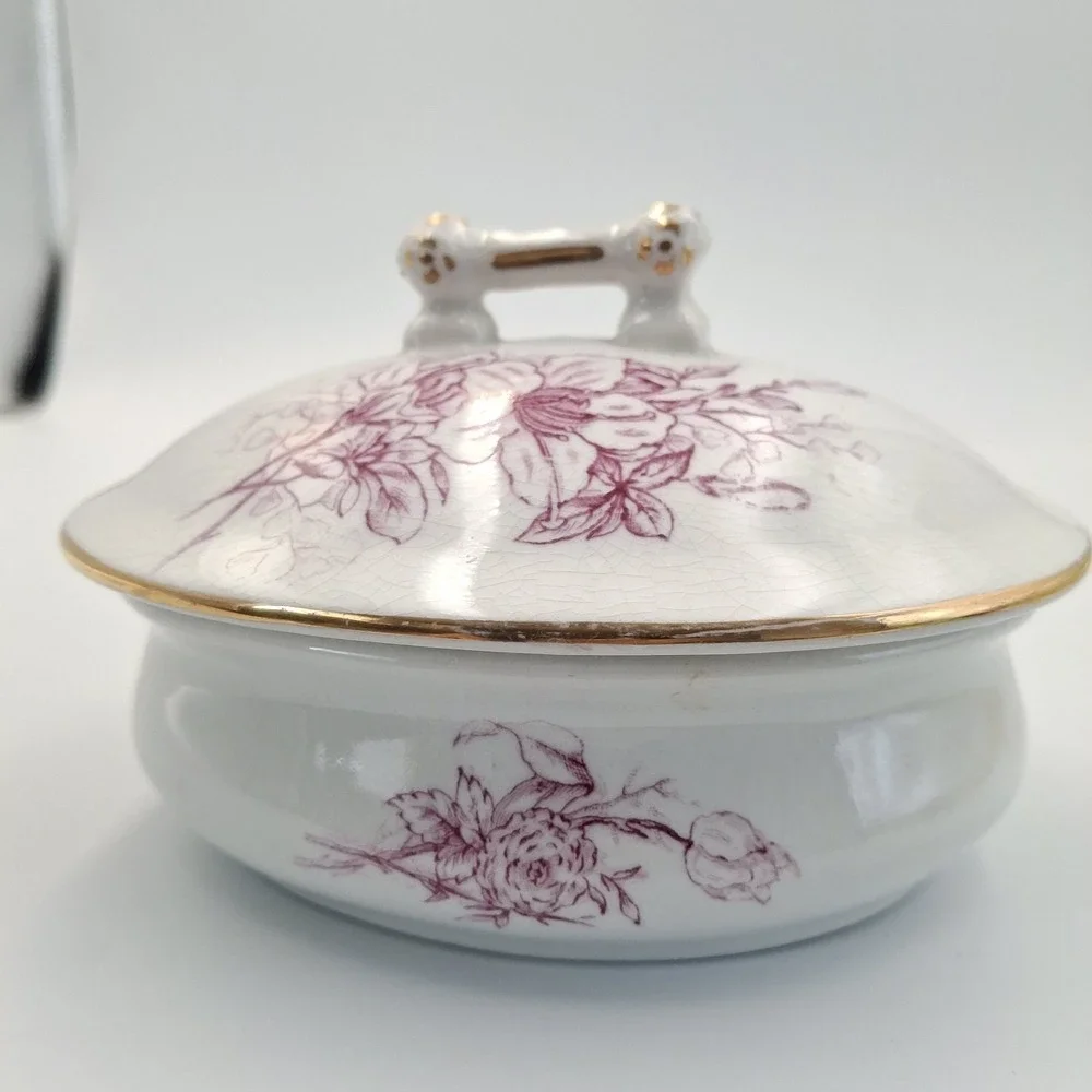 Antique J & E Mayer Stone China Mulberry Transferware Lidded Soap Dish‎ / Vanity